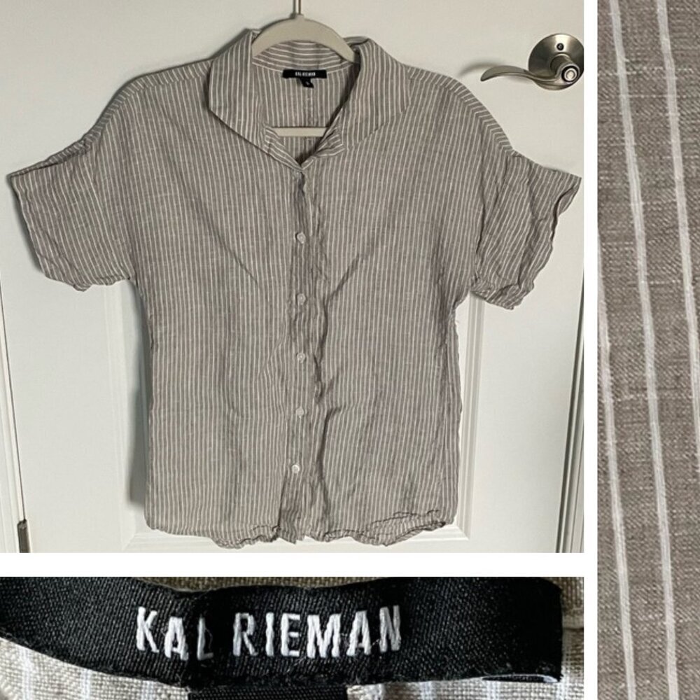 Kal Reiman Gray White Striped Button Down Short Sleeve Linen Shirt 35358